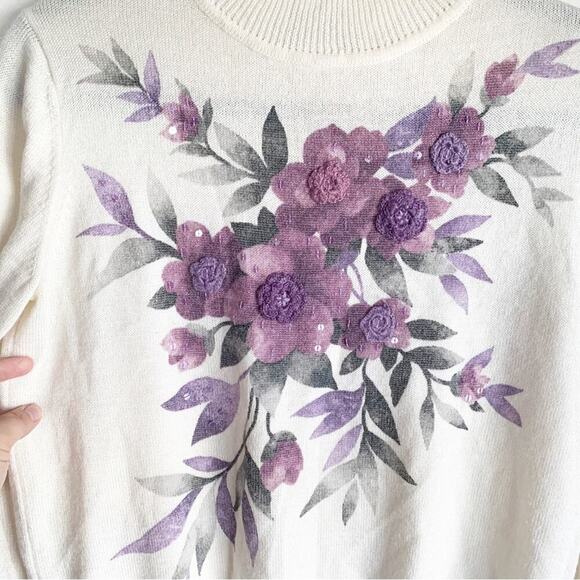 Vintage Alfred Dunner Purple Floral Wool Blend Mock Neck Sweater Sparkle Size LP - Picture 2 of 11